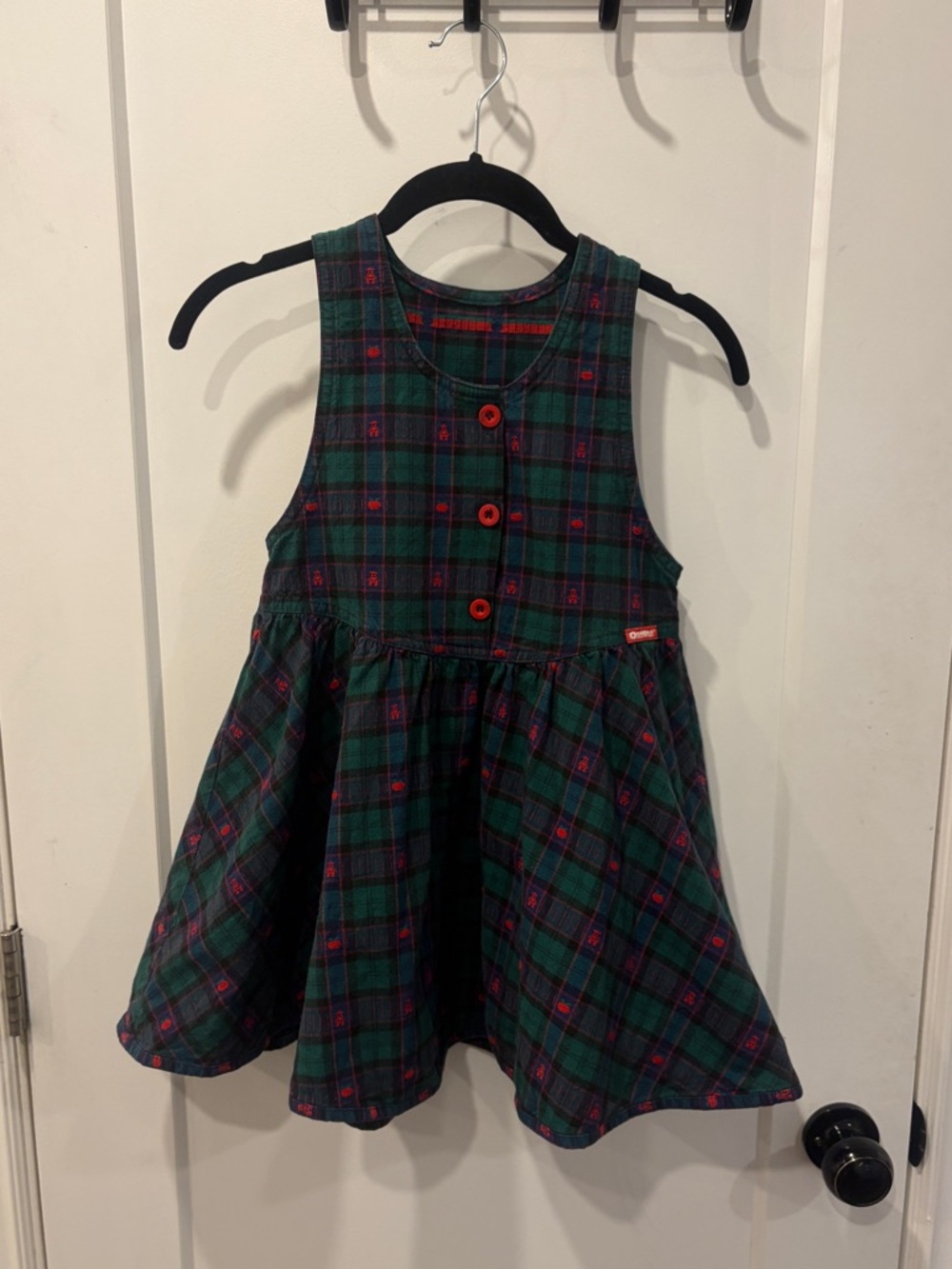 Vintage OshKosh Bgosh Green Plaid Sleeveless Girls Dress with Red Buttons - Picture 11 of 15